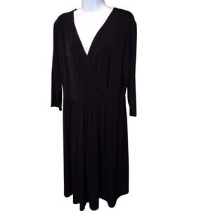 Lane Bryant Black Faux Wrap Midi Dress 3/4 Sleeve V-Neck Plus Size‎ 14/16